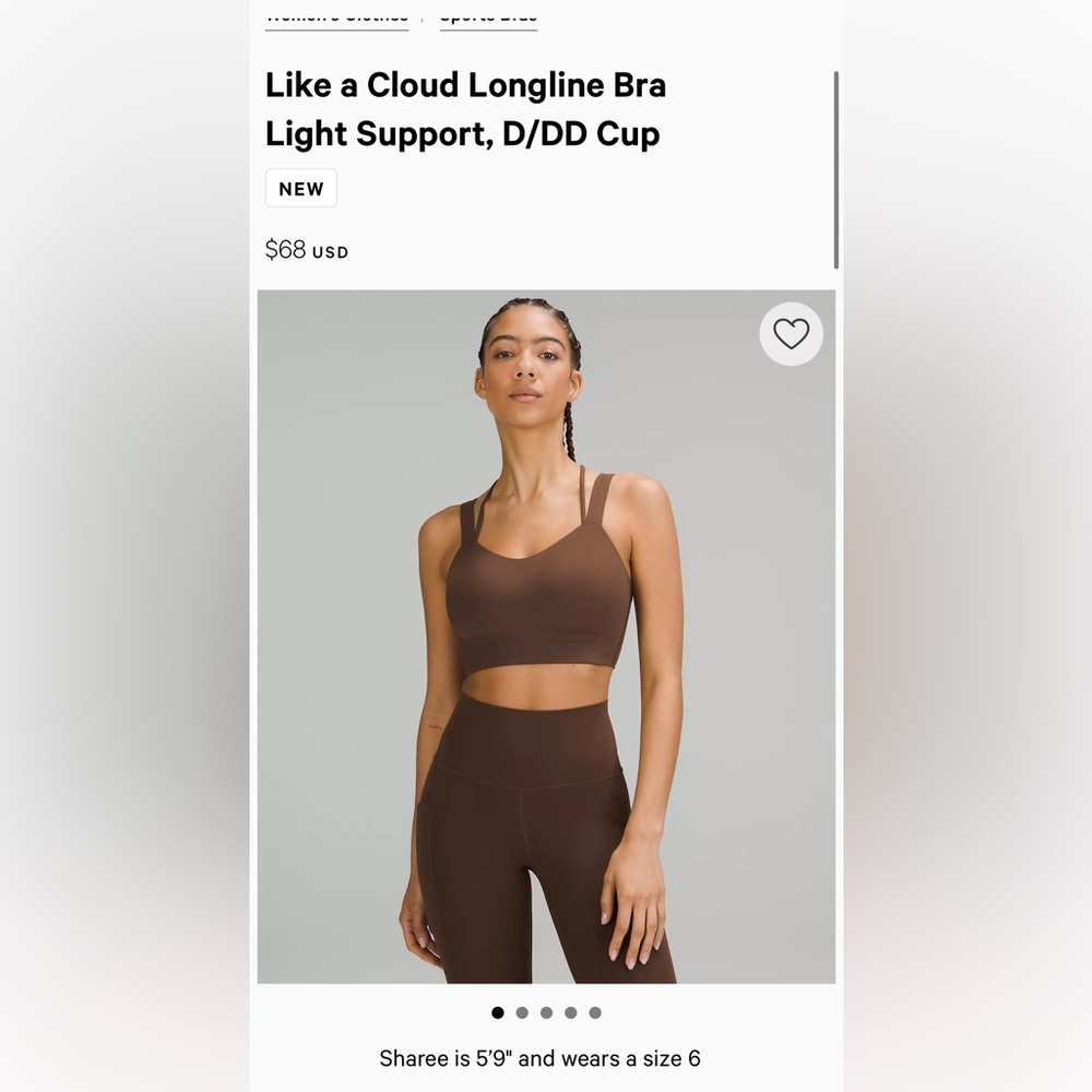NWT Lululemon Like a Cloud Longline Bra
Light Support, D/DD Cup. Size 4